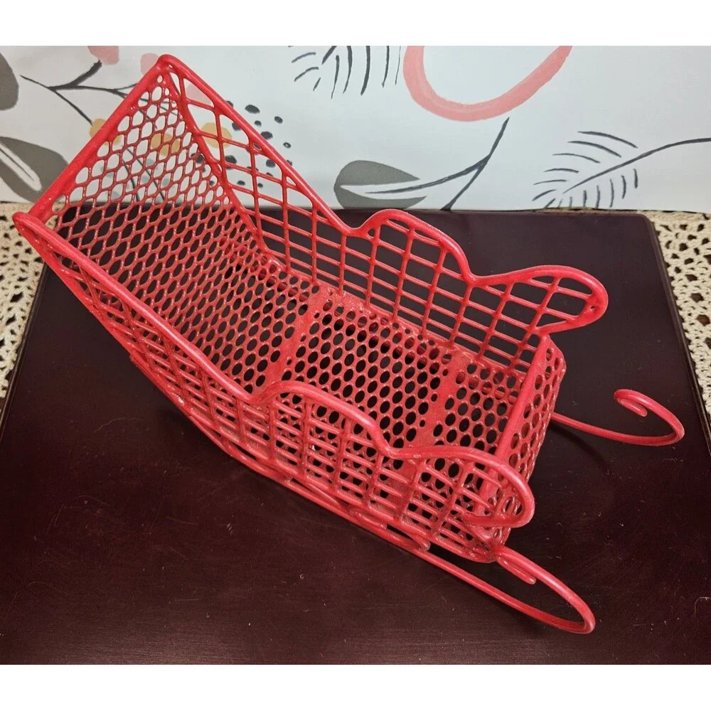 Red Enamel on Metal Wire Basket Christmas Tabletop Santa Sleigh Decor Storage